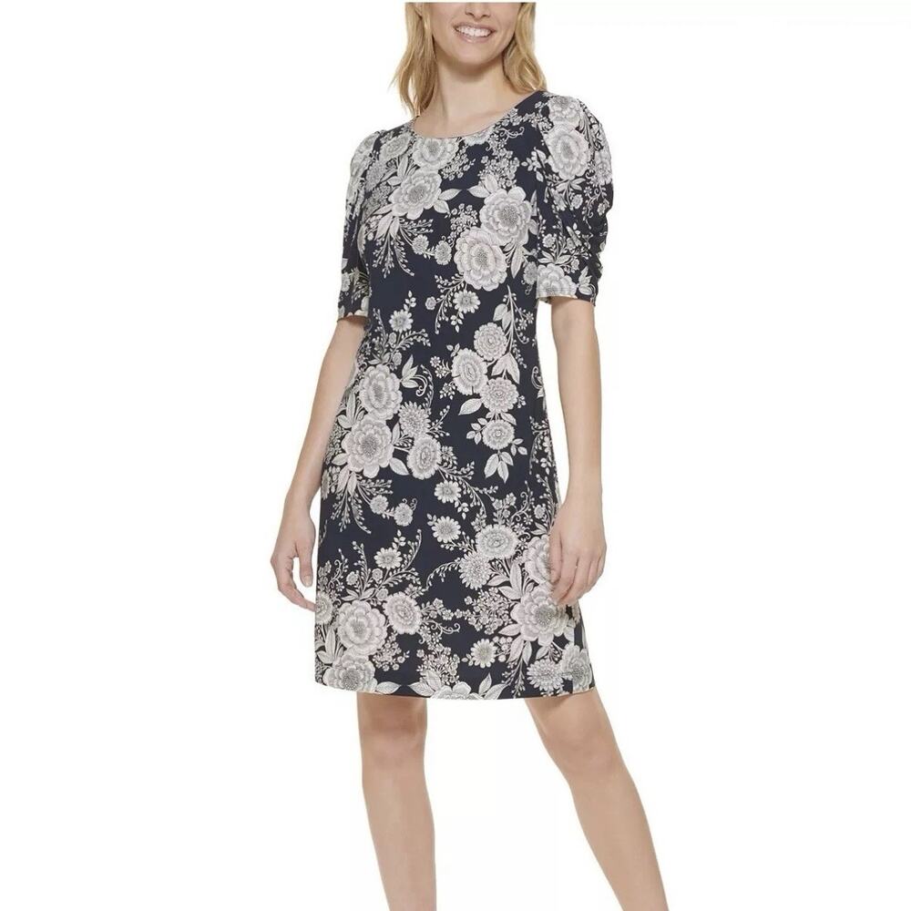 Tommy Dress 12 Blue White Floral Sheath Classic Wedding Shower Funeral Teacher
